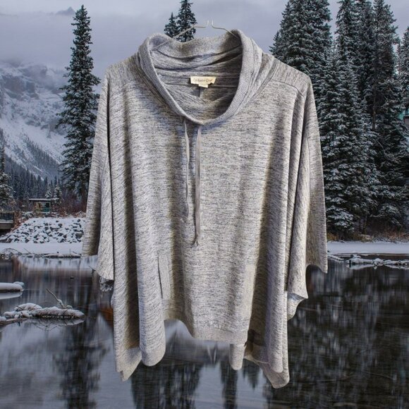 Coldwater Creek Poncho Pullover Top 1X/2X Heather Grey Drawstring Neck Pockets - Picture 1 of 7